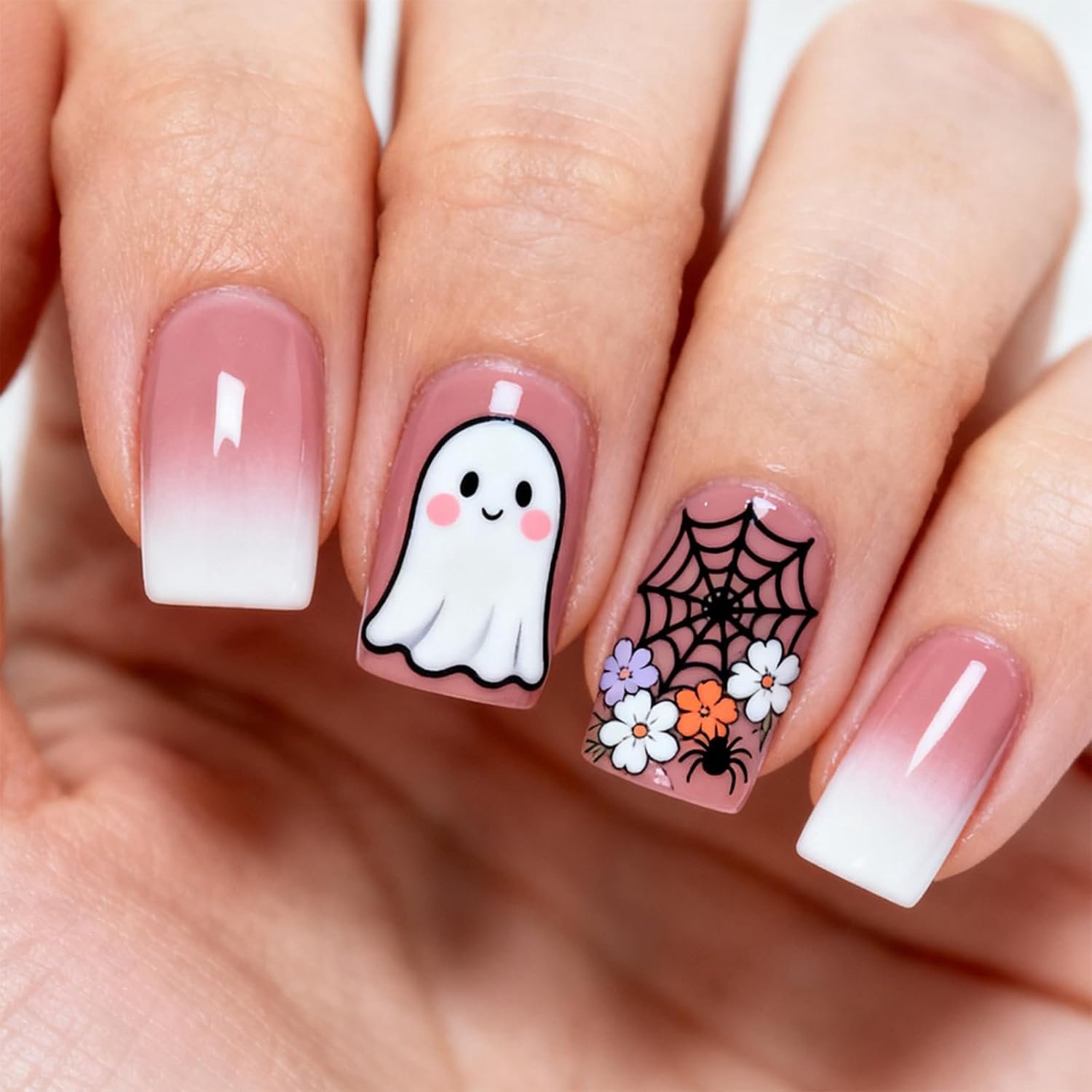 24 stuks Halloween valse nagels kort vierkant, roze wit gradiënt nepnagels