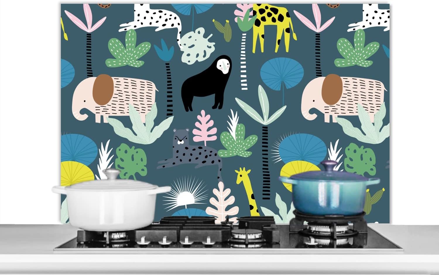 Spatscherm Keuken - 100x65 cm - Dieren - Planten - Jungle - Blauw