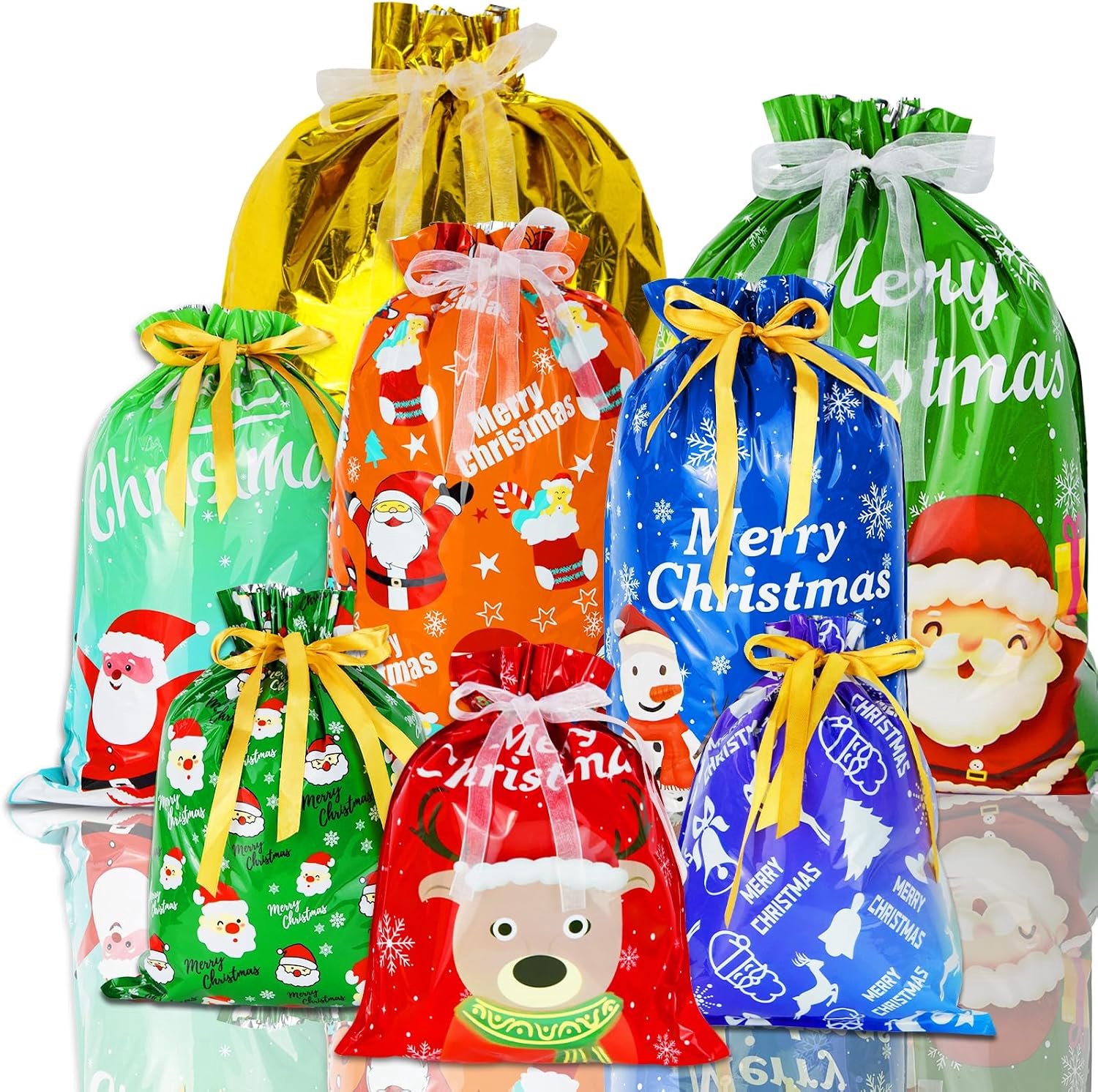 28 stuks kerstcadeauzakjes met trekkoord, gesorteerd in 4 maten (jumbo / groot / medium / klein), 8 unieke meerkleurige kerstpatronen, herbruikbare zakjes voor traktaties en gastgeschenken