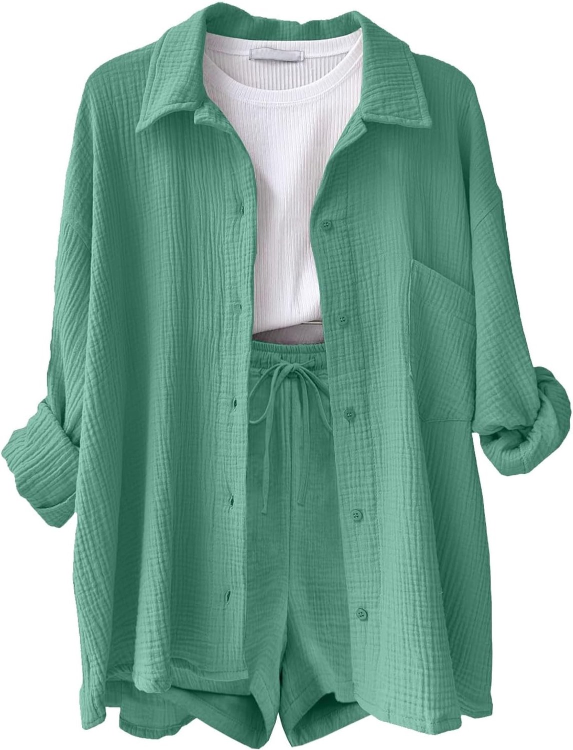 Dames zomer mousseline blouse shorts 2-delig linnen hemd broekpak elegante lounge set licht loungewear pak tweedelig vrijetijdspak esthetische kleding strand outfit dameskleding
