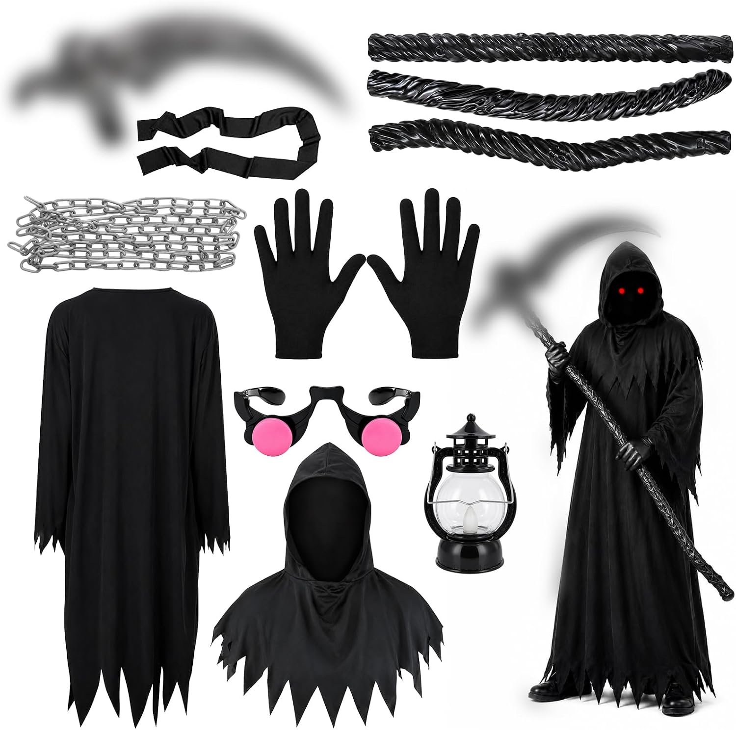 Set van 8 Sensenmann-kostuum voor volwassenen, Halloween-kostuum
