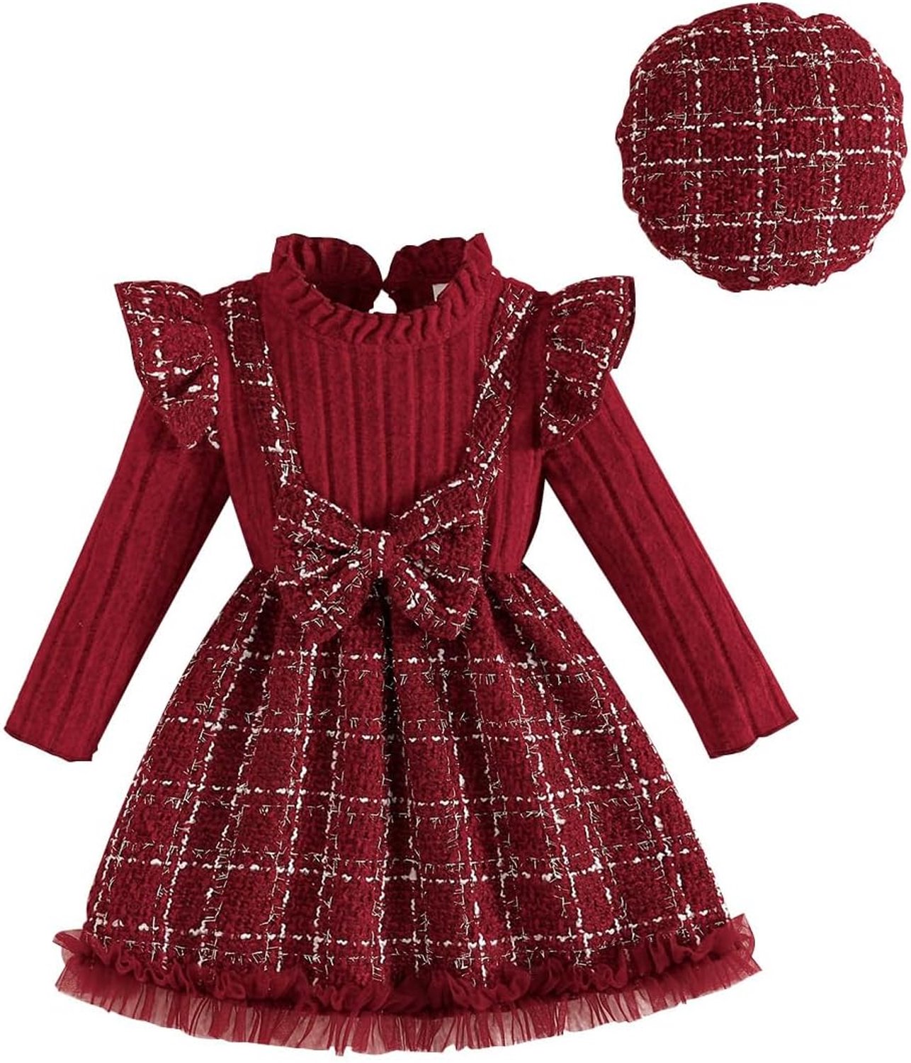 Jurk baret peuters baby meisjes tweed patroon strik tule trim