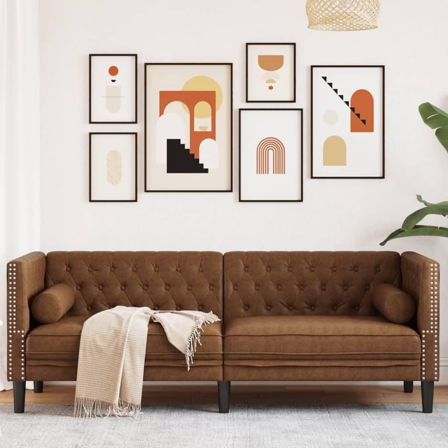3-zits, kunstleer, bruin, Chesterfield-bank, fluweel, gewatteerd, comfortabel voor woonkamer