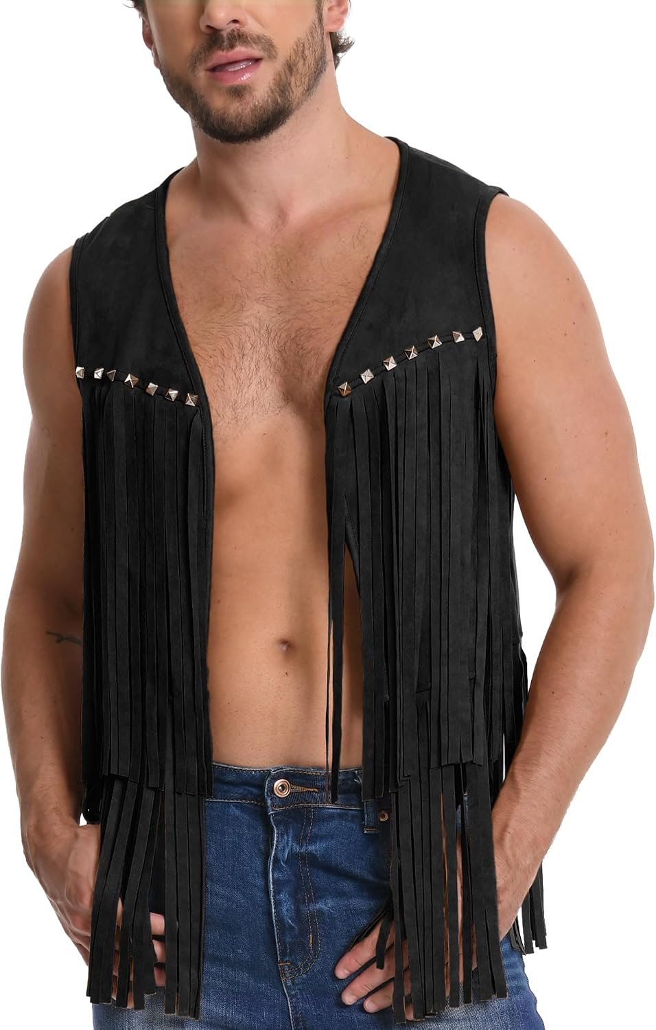 Herenvest met franjes, kostuum, cowboy, hippie, vest, kort, mouwloos, jas, kwastjes, retrovest, comfortabele kleding, discoparty, carnaval, rave, S-2XL