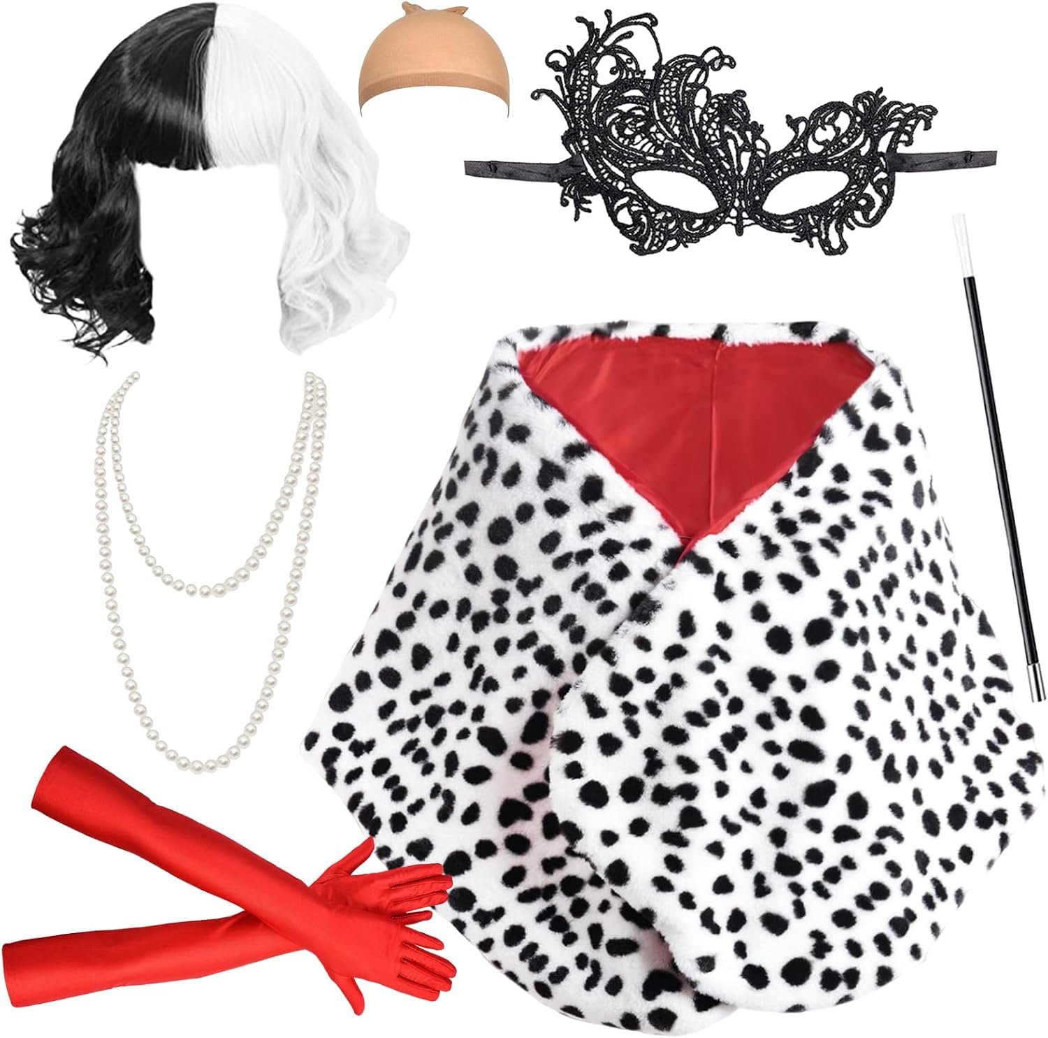 Halloween dames, 7 stuks Halloween-kostuum, zwart-witte pruik met zwart-wit gestippelde schouderdoek, masker, handschoenen, parelketting, geschikt voor Halloween, carnaval en rollenspellen