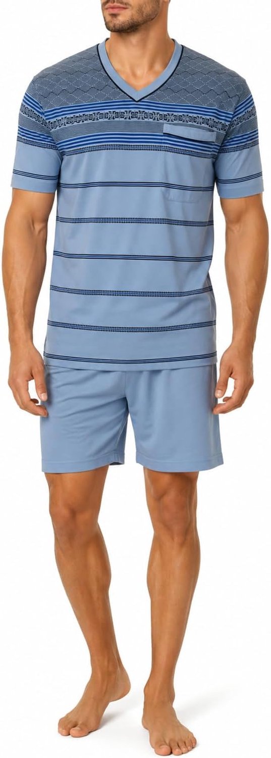Tweedelige pyjama voor heren, set met borstzak, gestreepte nachtkleding van 100% katoen (M tot 5XL)