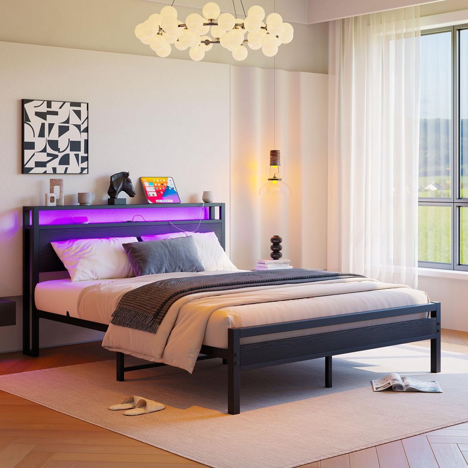 CHICFURN Metalen bedframe 140 x 190 cm - LED-verlichting - USB-oplaadfunctie - zwart