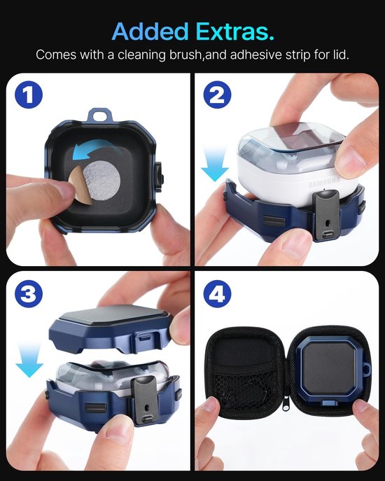 Beschermd Hoesje Voor Samsung Galaxy Buds 4 Pro/Buds 4 (Blauw) | Veiligheidssluiting Case met Carbonvezelontwerp, Inclusief Reinigingsset & Karabijnhaak — afbeelding 3