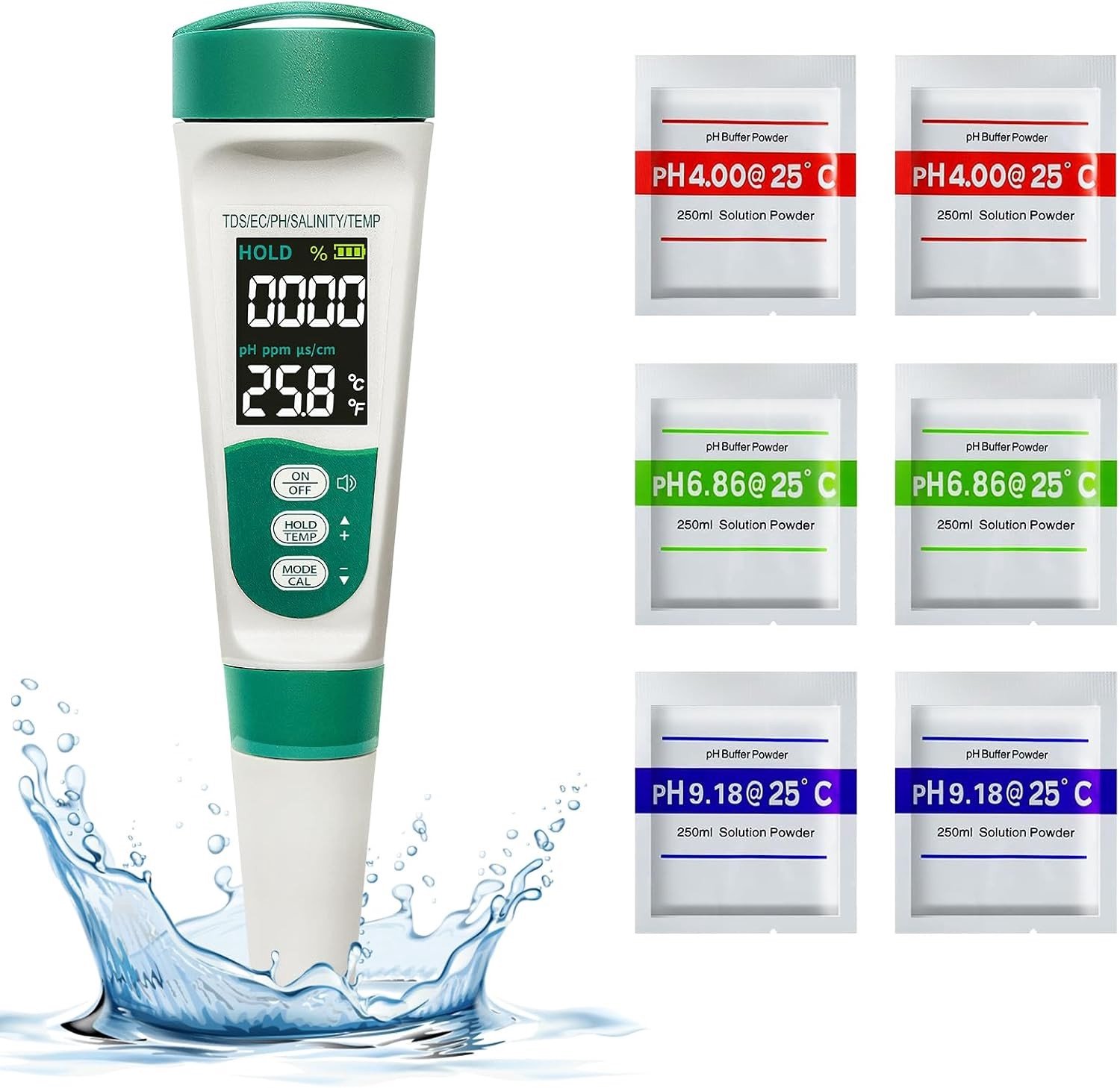 pH Meter voor Zwembad, 5-in-1 Waterkwaliteitsmeter met pH/TDS/EC/Saliniteit/Temperatuur, Achtergrondverlichting en Nauwkeurigheid tot 0.01