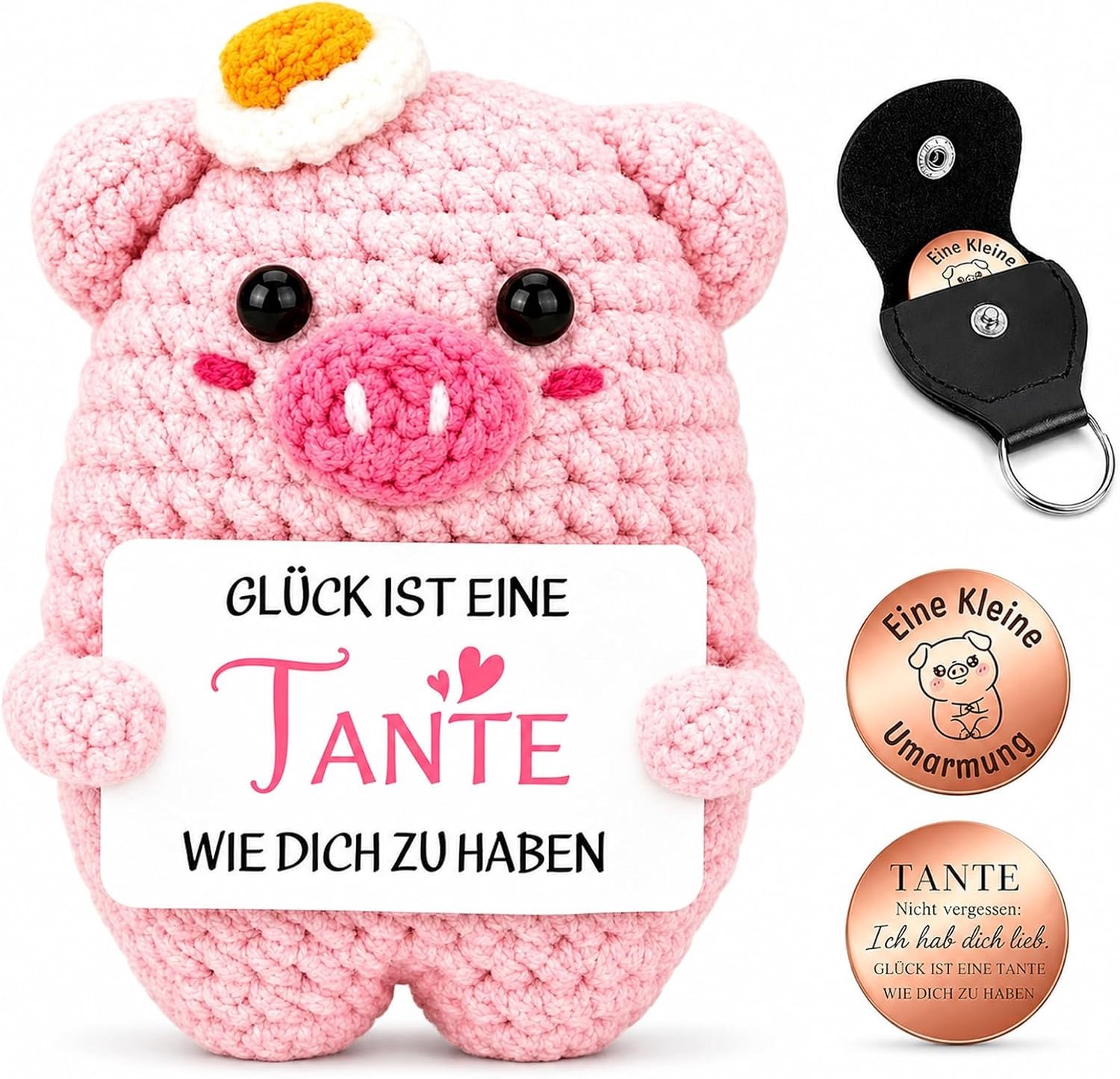 Cadeau voor tante, gehaakte varken en roestvrijstalen munt