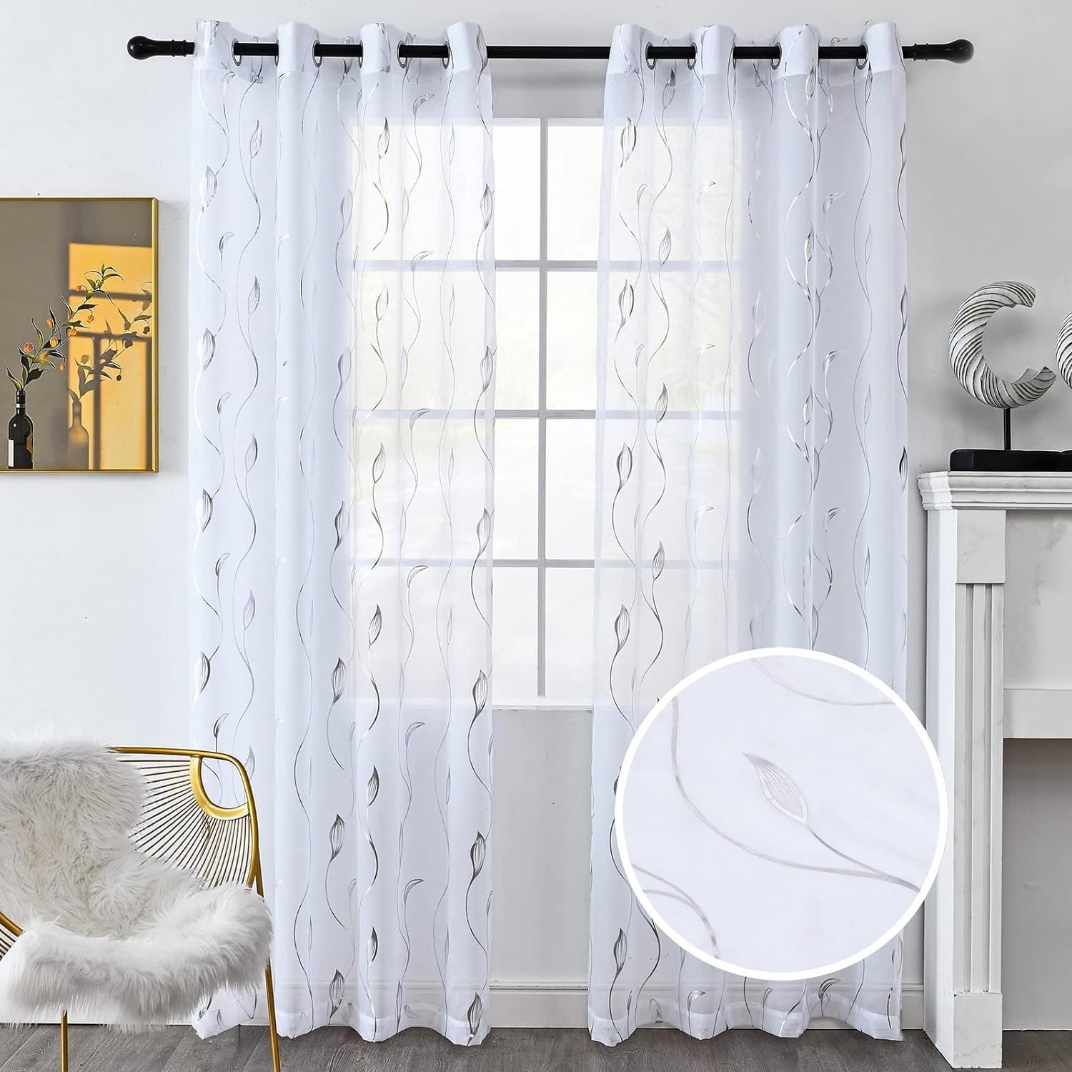 Voile-gordijnen met zilverfolieprint, rieten doorvoertules bovenraamgordijnen, 228 cm lang, luxe metallic bronsbehandelingspanelen voor raamdecoratie, 2 panelen