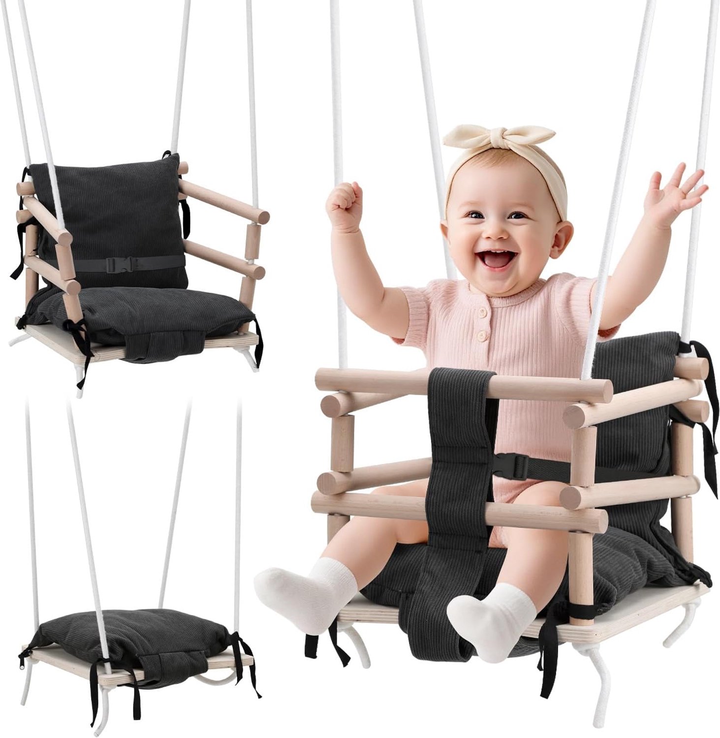 Babyschommel voor binnen en buiten, 3-in-1 van hout, in hoogte verstelbaar (160-260 cm), met afneembaar kussen, voor tuin, maanden, draagkracht 50 kg (grijs)