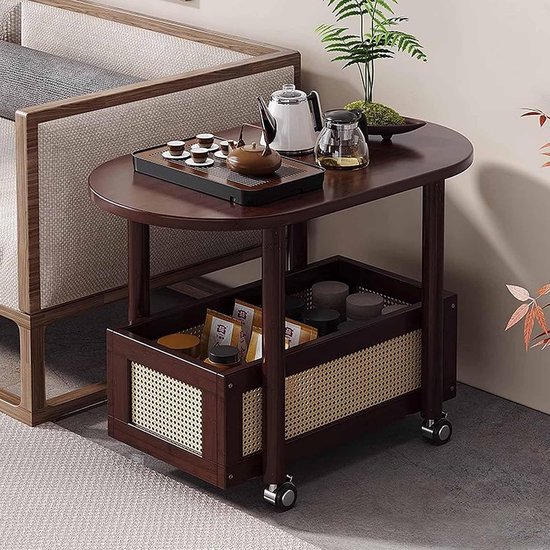 360° Stille rollende 2-laags ovale bijzettafel, bamboe massief hout en bodem rotan opslag, ruimtebesparende bank nachtkastje voor appartement (60 x 40 x 57 cm) — afbeelding 4