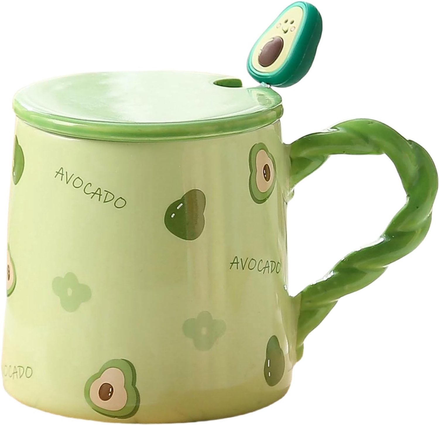 Mok Met Fruit, Lepel En Deksel, Koffiekopje, Geschikt Voor Thuis, Magnetronbestendig - Groene Avocado - 401-500 Ml