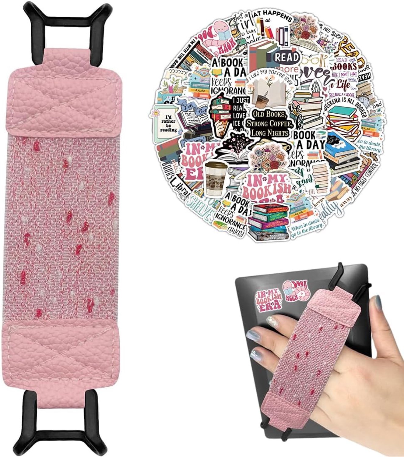 Polsband voor Kindle Paperwhite, PU-leer, glinsterend, voor e-book readers en tablets van 6-8 inch, 50 retro stickers, verlicht pijn aan de pols