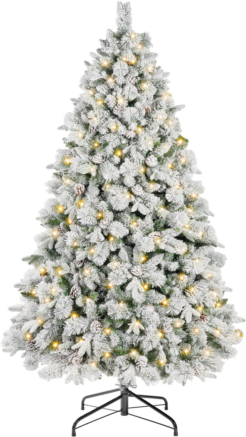VANKEL Kunstkerstboom met Verlichting en Sneeuw - 210 cm - 440 Lampjes - 76 Dennenappels - Volle PE/PVC Kerstboom - Metalen Standaard