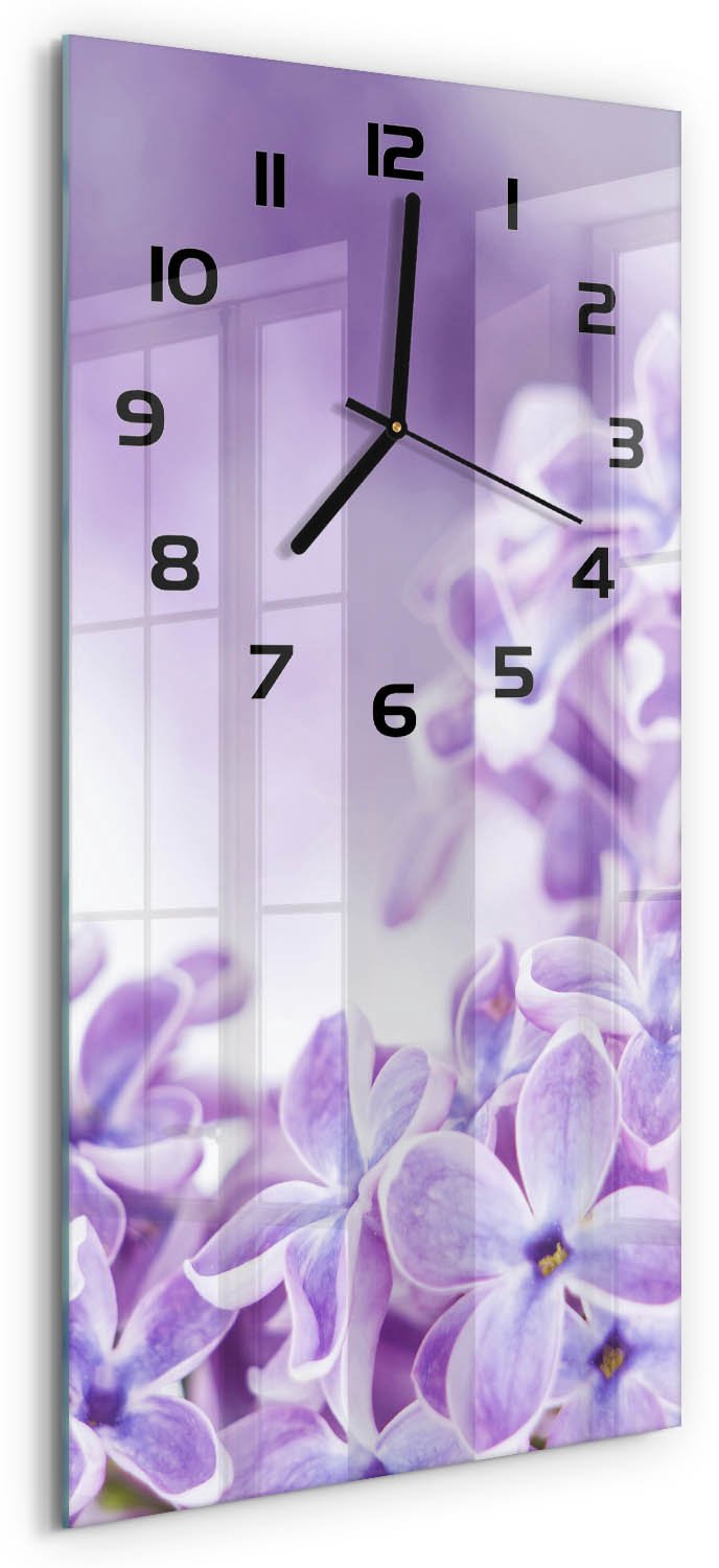 Tulup Wandklok - Paarse bloemen Wandklok Glas Met Motief - 30x60 cm - Paars Decoratieve Glazen Klok - Zwarte handen - Rechthoekige Klok - Gekleurde Glazen Klok - Glazen Klok Met Print