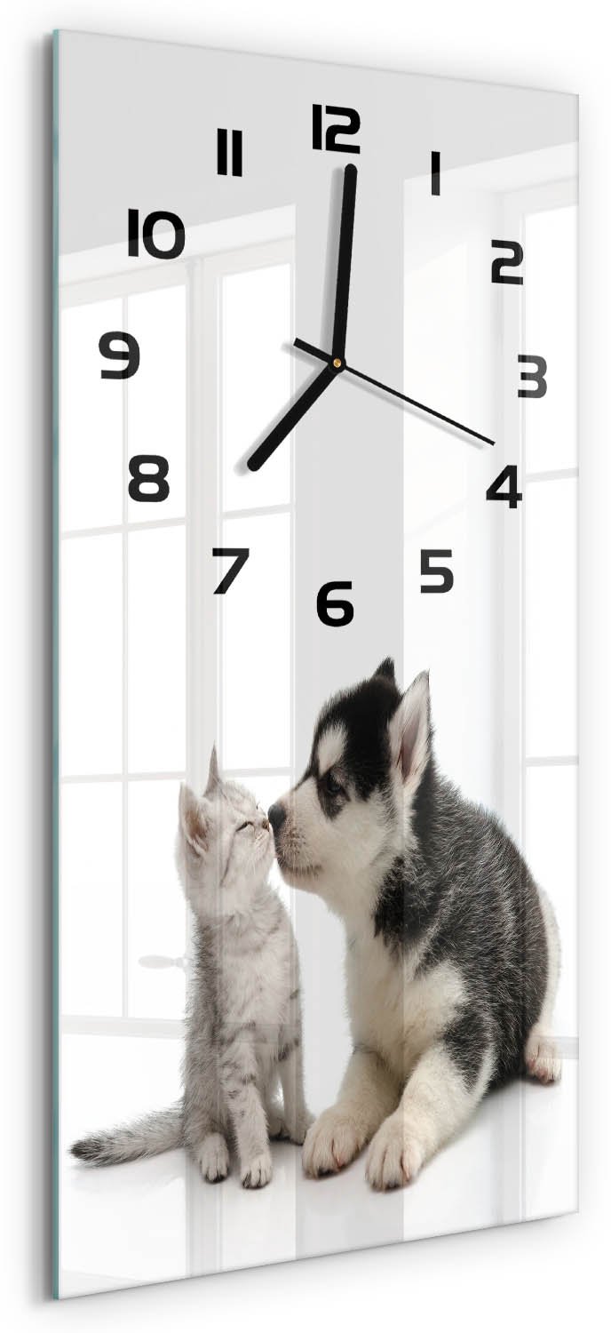 Tulup Wandklok - Hond en kat Klok Glas Met Opdruk - 30x60 cm - Zwart Moderne Wandklok Glas - Zwarte handen - Rechthoekige Klok - Decoratieve Glazen Klok - Glazen Wandklok Design