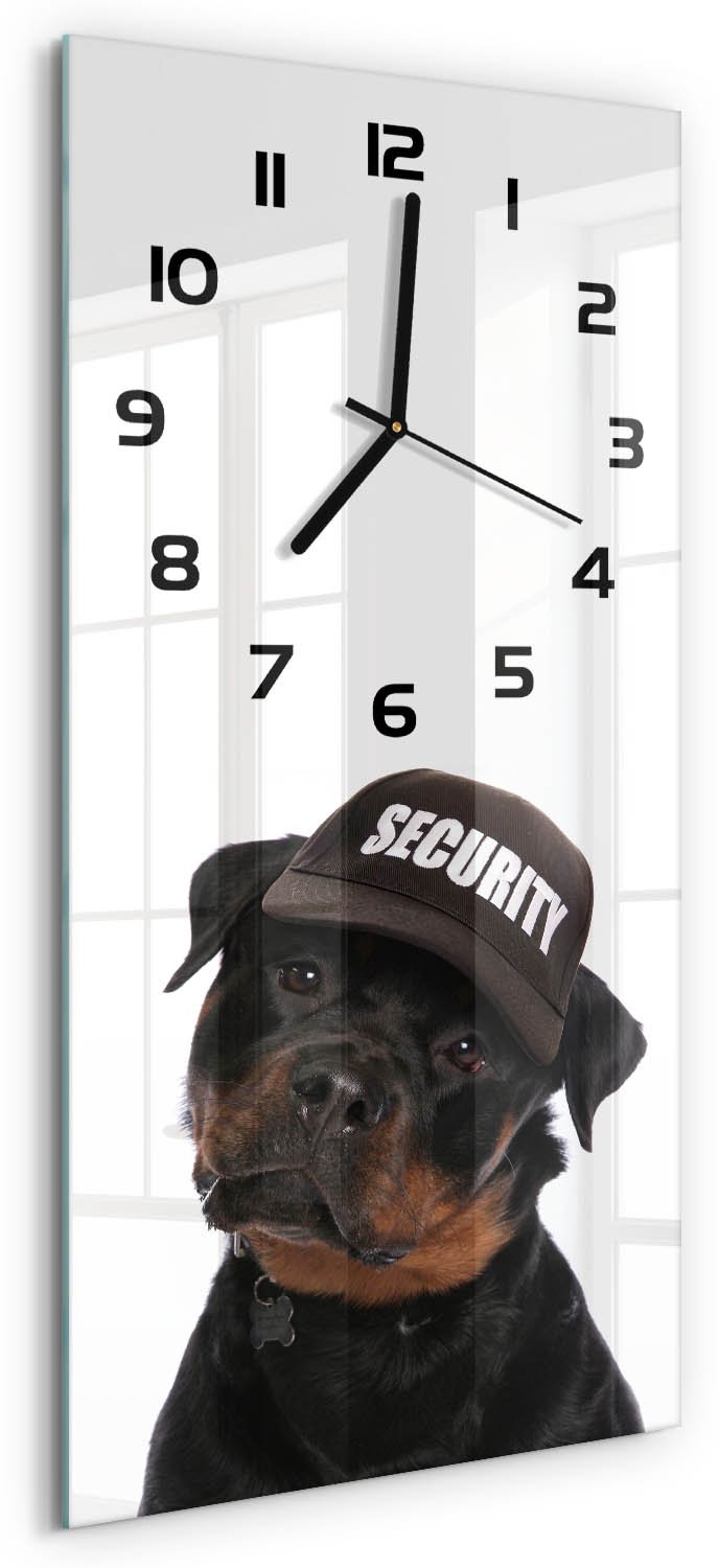 Tulup Wandklok - Rottweiler met een hoed Wandklok Glas Decoratie - 30x60 cm - Zwart Gekleurde Glazen Klok - Zwarte handen - Rechthoekige Klok - Klok Glas Met Opdruk - Moderne Wandklok Glas