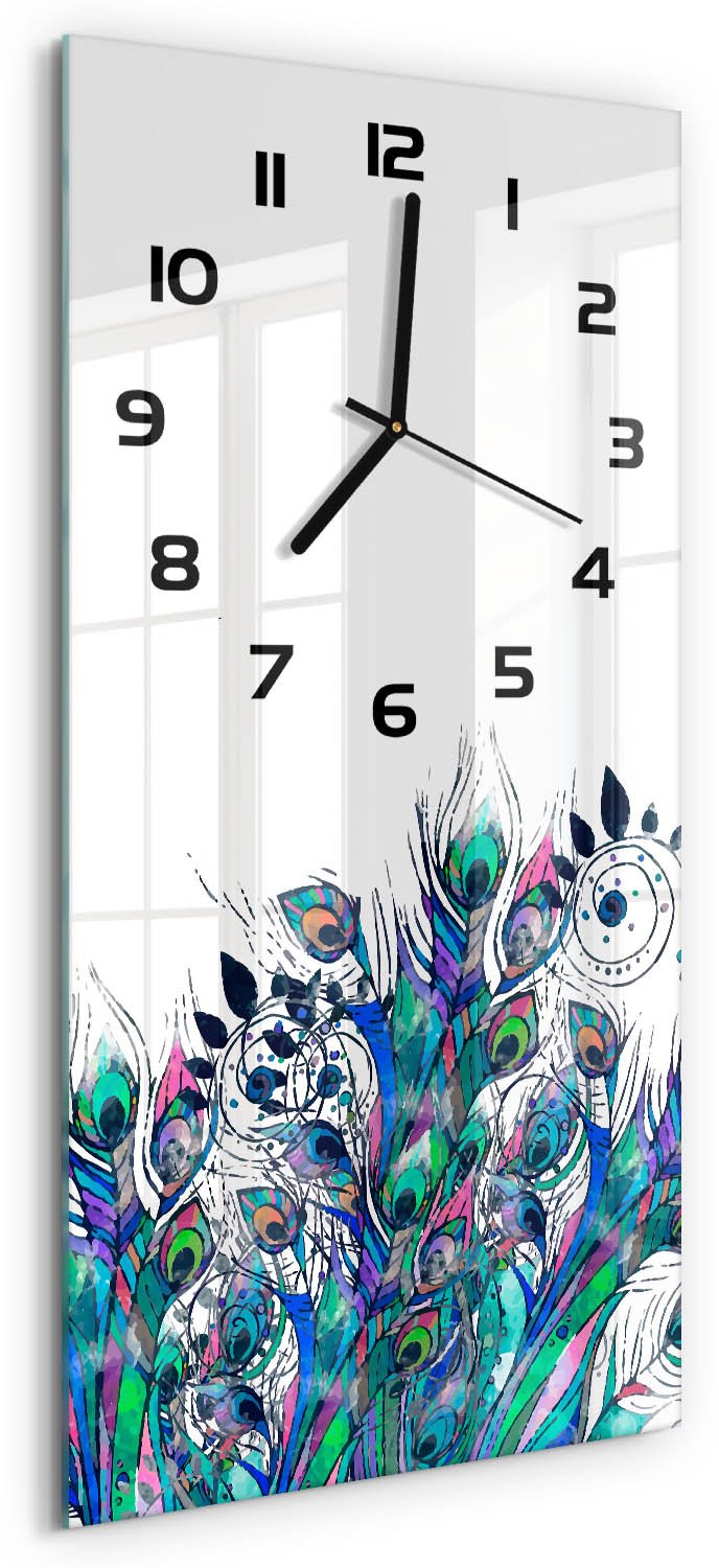 Tulup Wandklok - Pauwenveren Wandklok Glas Met Motief - 30x60 cm - Veelkleurig Decoratieve Glazen Klok - Zwarte handen - Rechthoekige Klok - Gekleurde Glazen Klok - Glazen Klok Met Print