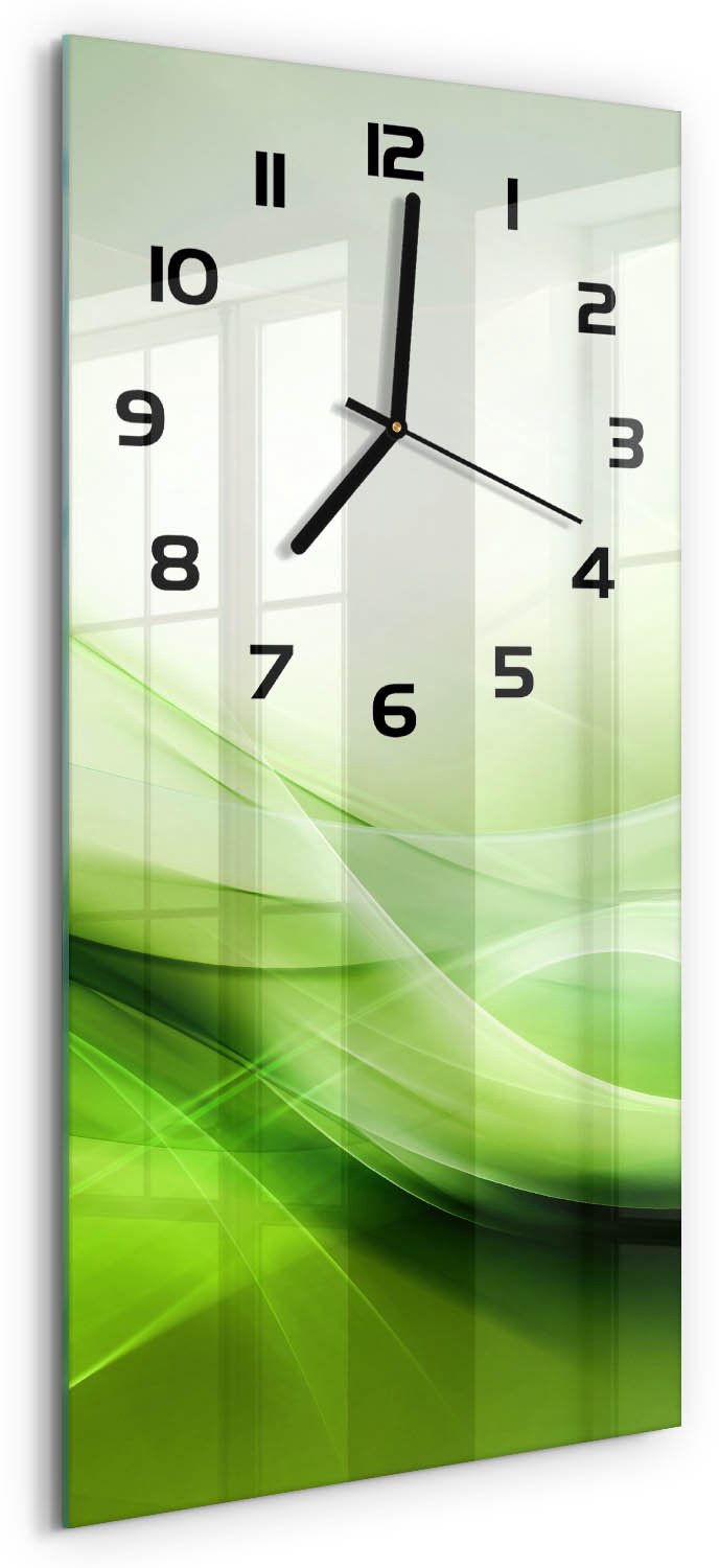 Tulup Wandklok - Groene golven achtergrond Gekleurde Glazen Klok - 30x60 cm - Groente Glazen Klok Met Print - Zwarte handen - Rechthoekige Klok - Moderne Wandklok Glas - Wandklok Glas Decoratie
