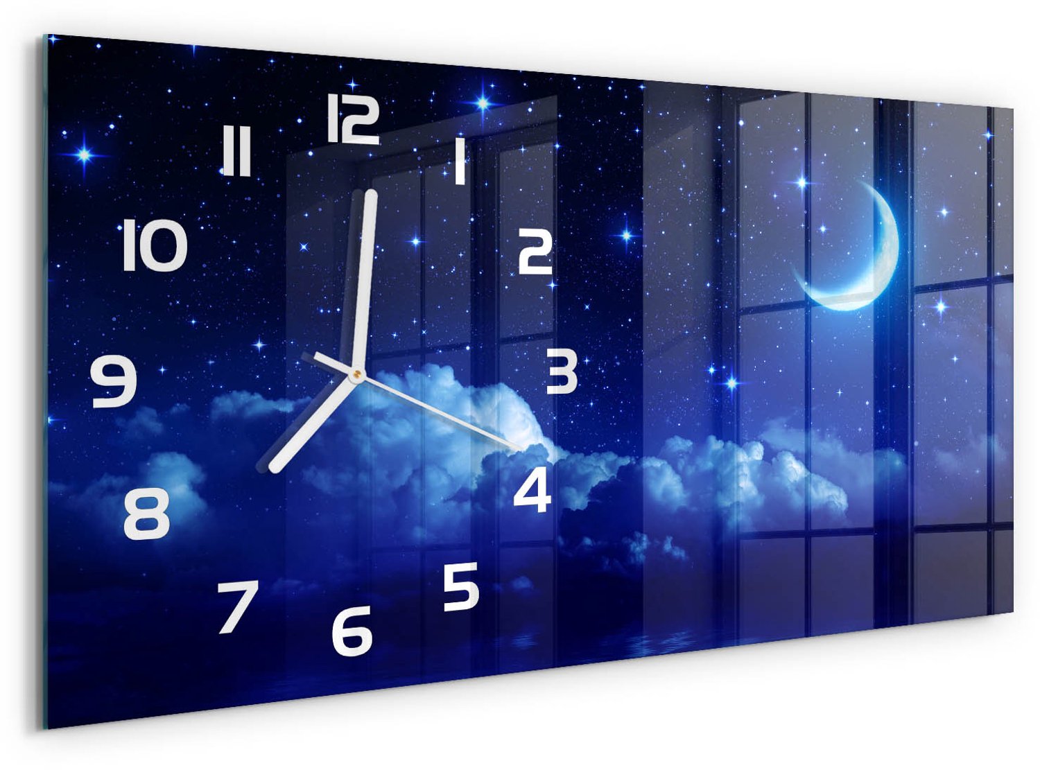 TULUP Wandklok - De nachtelijke hemel Wandklok Glas Decoratie - 60x30 cm - Blauw Gekleurde Glazen Klok - Witte handen - Rechthoekige Klok - Klok Glas Met Opdruk - Moderne Wandklok Glas