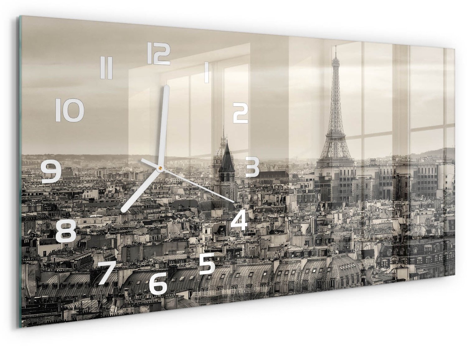 TULUP Wandklok - Eiffeltoren Parijs Gekleurde Glazen Klok - 60x30 cm - Zwart-wit Glazen Klok Met Print - Witte handen - Rechthoekige Klok - Moderne Wandklok Glas - Wandklok Glas Decoratie