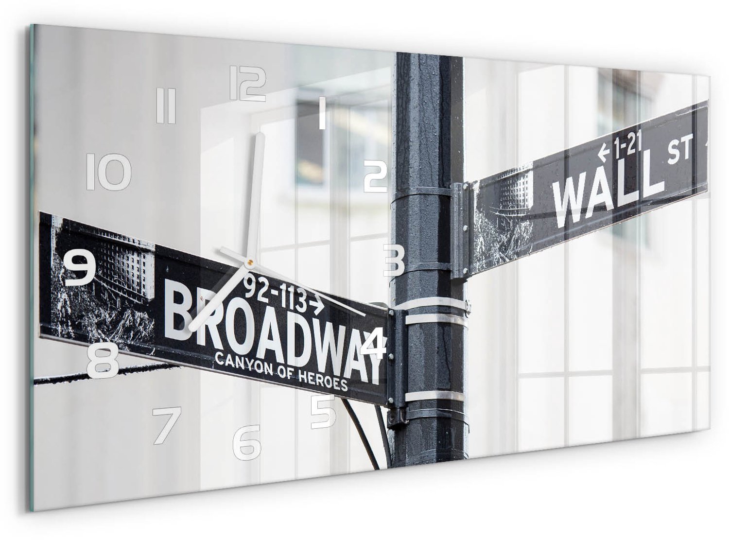 TULUP Wandklok - Wall Street-bord Klok Glas Met Opdruk - 60x30 cm - Zwart-wit Moderne Wandklok Glas - Witte handen - Rechthoekige Klok - Decoratieve Glazen Klok - Glazen Wandklok Design
