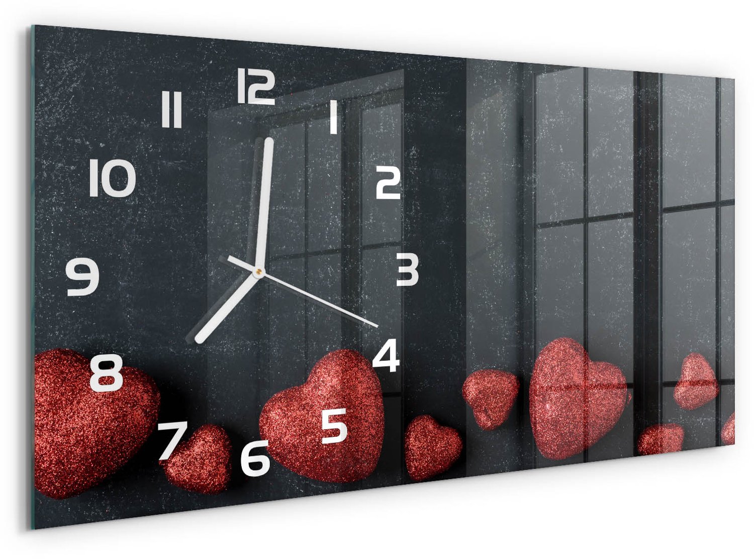 TULUP Wandklok - Harten op het bord Wandklok Glas Decoratie - 60x30 cm - Rood Gekleurde Glazen Klok - Witte handen - Rechthoekige Klok - Klok Glas Met Opdruk - Moderne Wandklok Glas