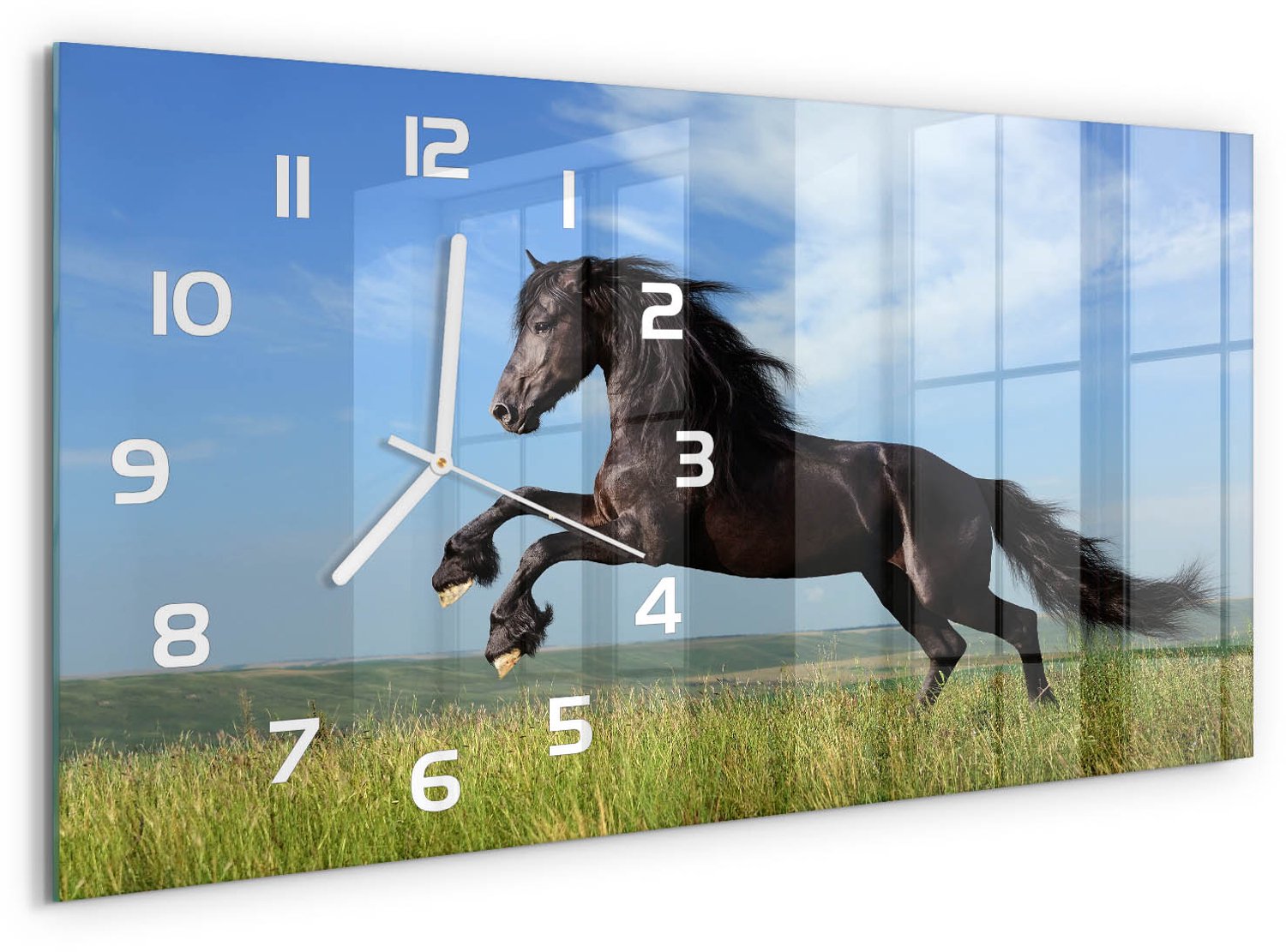 TULUP Wandklok - Zwart paard in de wei Moderne Wandklok Glas - 60x30 cm - Zwart Wandklok Glas Decoratie - Witte handen - Rechthoekige Klok - Glazen Wandklok Design - Klok Glas Met Opdruk