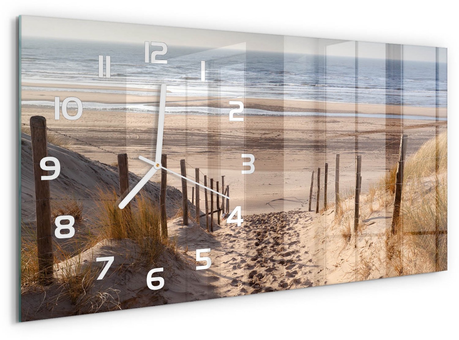 TULUP Wandklok - Kustduinen Wandklok Glas Met Motief - 60x30 cm - Beige Decoratieve Glazen Klok - Witte handen - Rechthoekige Klok - Gekleurde Glazen Klok - Glazen Klok Met Print