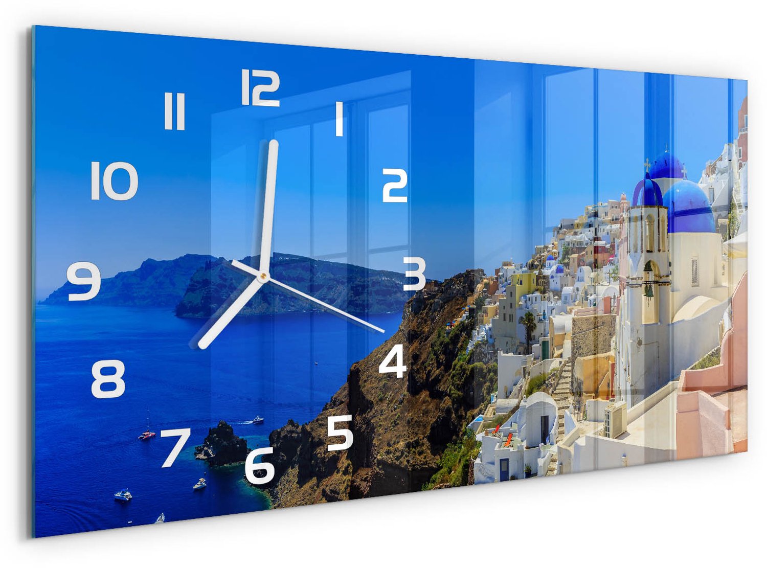 TULUP Wandklok - Santorini, Griekenland Moderne Wandklok Glas - 60x30 cm - Blauw Wandklok Glas Decoratie - Witte handen - Rechthoekige Klok - Glazen Wandklok Design - Klok Glas Met Opdruk