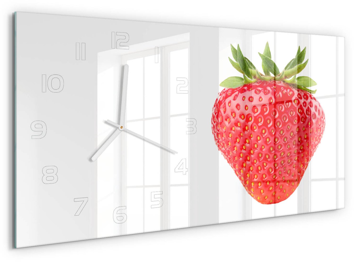 TULUP Wandklok - Aardbei Decoratieve Glazen Klok - 60x30 cm - Rood Glazen Wandklok Design - Witte handen - Rechthoekige Klok - Glazen Klok Met Print - Wandklok Glas Met Motief