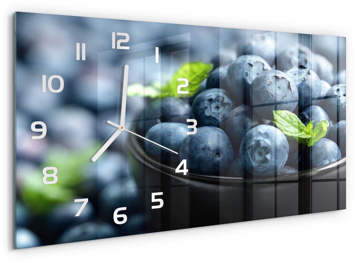 TULUP Wandklok - Bosbessen Glazen Wandklok Design - 60x30 cm - Blauw Klok Glas Met Opdruk - Witte handen - Rechthoekige Klok - Wandklok Glas Met Motief - Decoratieve Glazen Klok