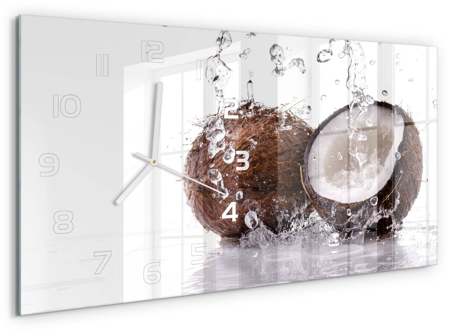 TULUP Wandklok - Kokosnoot en water Glazen Wandklok Design - 60x30 cm - Bruin Klok Glas Met Opdruk - Witte handen - Rechthoekige Klok - Wandklok Glas Met Motief - Decoratieve Glazen Klok