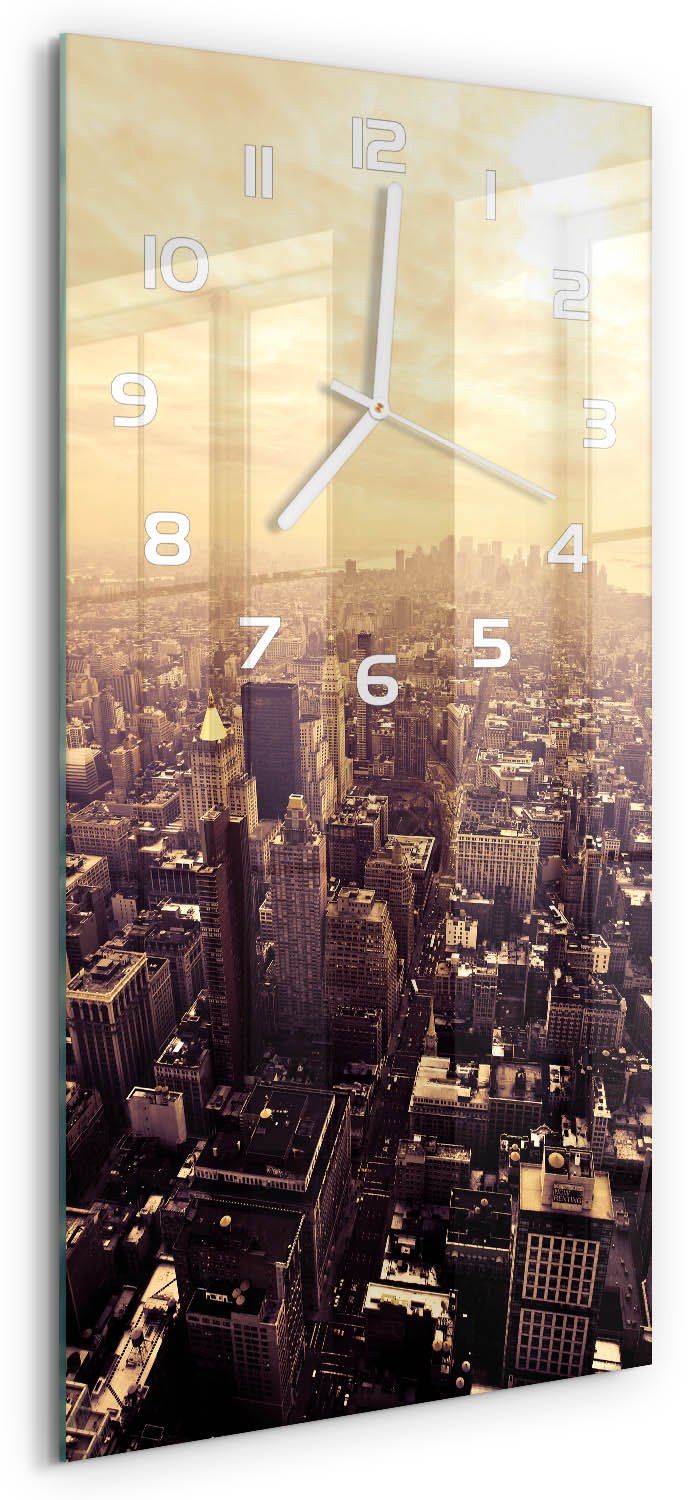 Tulup Wandklok - Manhattan, New York Wandklok Glas Met Motief - 30x60 cm - Geel Decoratieve Glazen Klok - Witte handen - Rechthoekige Klok - Gekleurde Glazen Klok - Glazen Klok Met Print