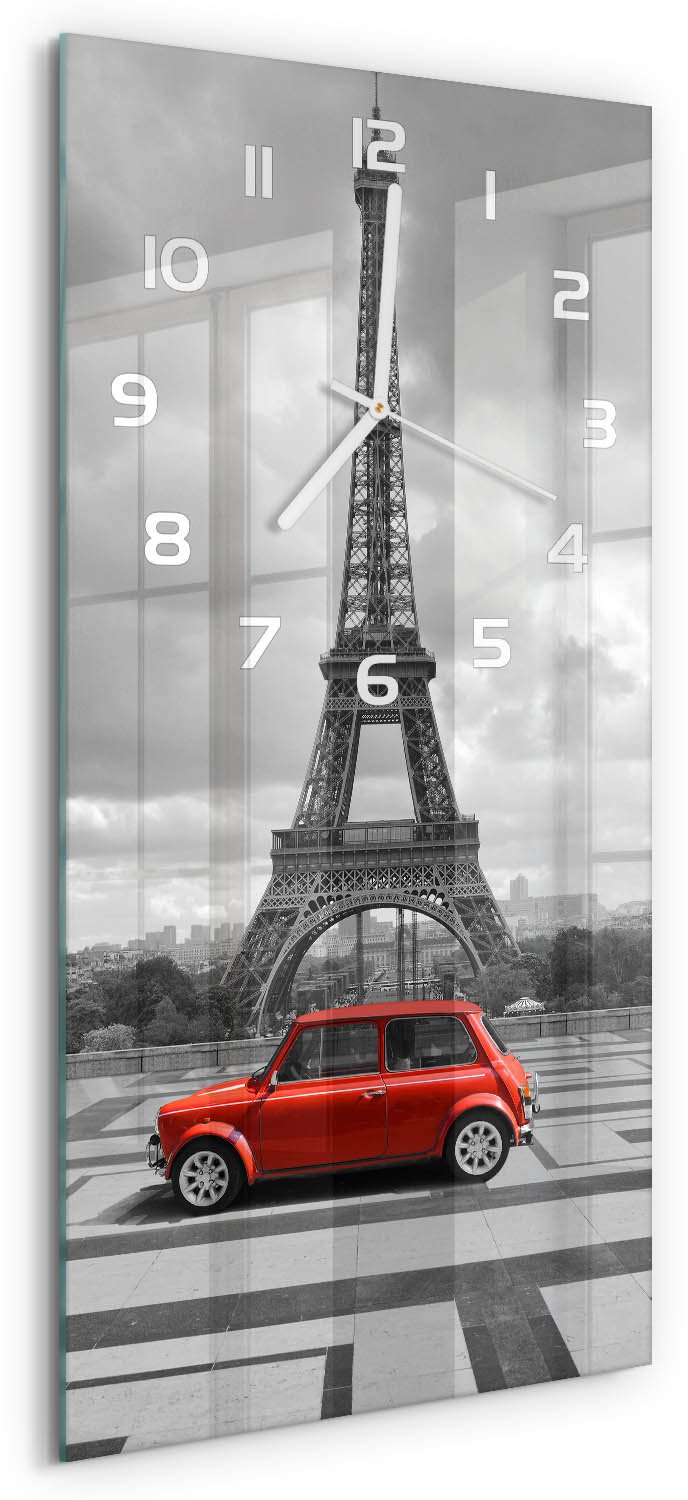 Tulup Wandklok - Eiffeltoren auto Moderne Wandklok Glas - 30x60 cm - Rood Wandklok Glas Decoratie - Witte handen - Rechthoekige Klok - Glazen Wandklok Design - Klok Glas Met Opdruk