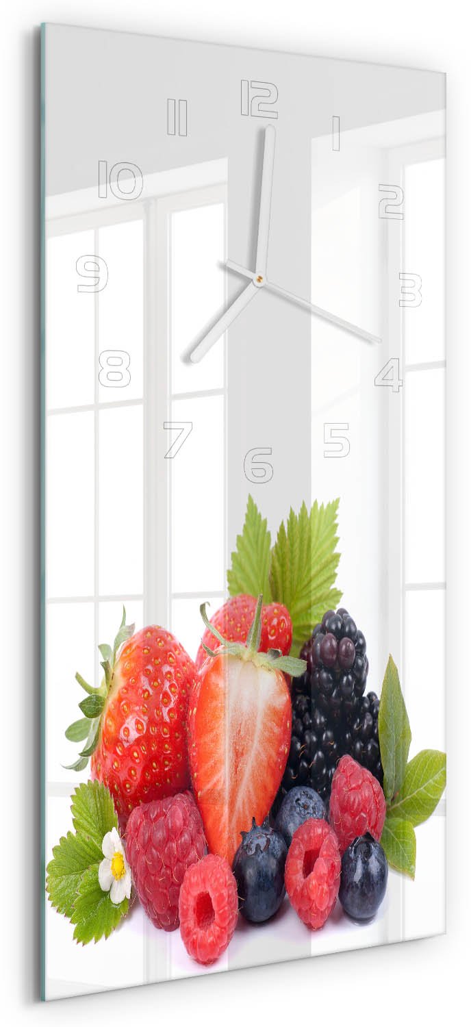 Tulup Wandklok - Bosvruchten Klok Glas Met Opdruk - 30x60 cm - Veelkleurig Moderne Wandklok Glas - Witte handen - Rechthoekige Klok - Decoratieve Glazen Klok - Glazen Wandklok Design