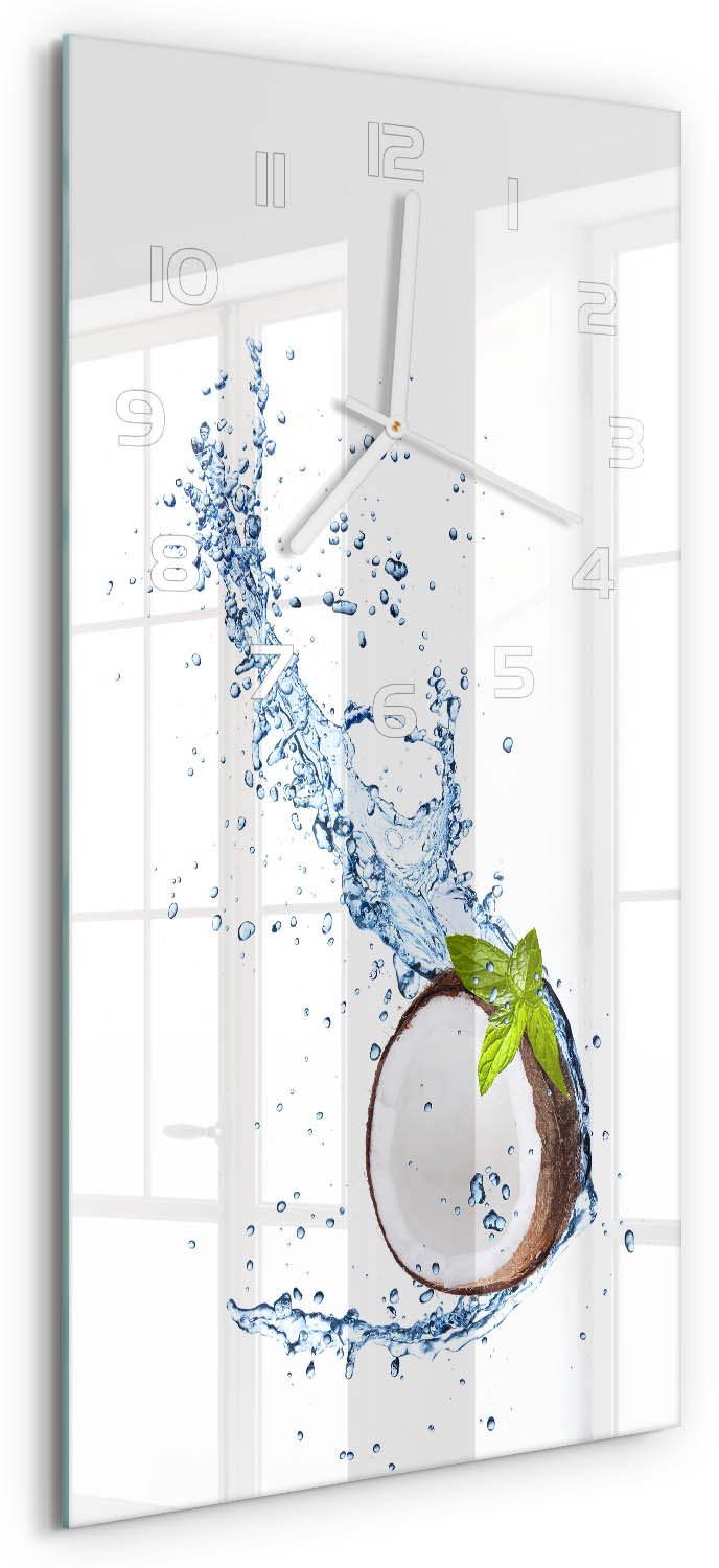 Tulup Wandklok - Kokosnoot en water Gekleurde Glazen Klok - 30x60 cm - Bruin Glazen Klok Met Print - Witte handen - Rechthoekige Klok - Moderne Wandklok Glas - Wandklok Glas Decoratie