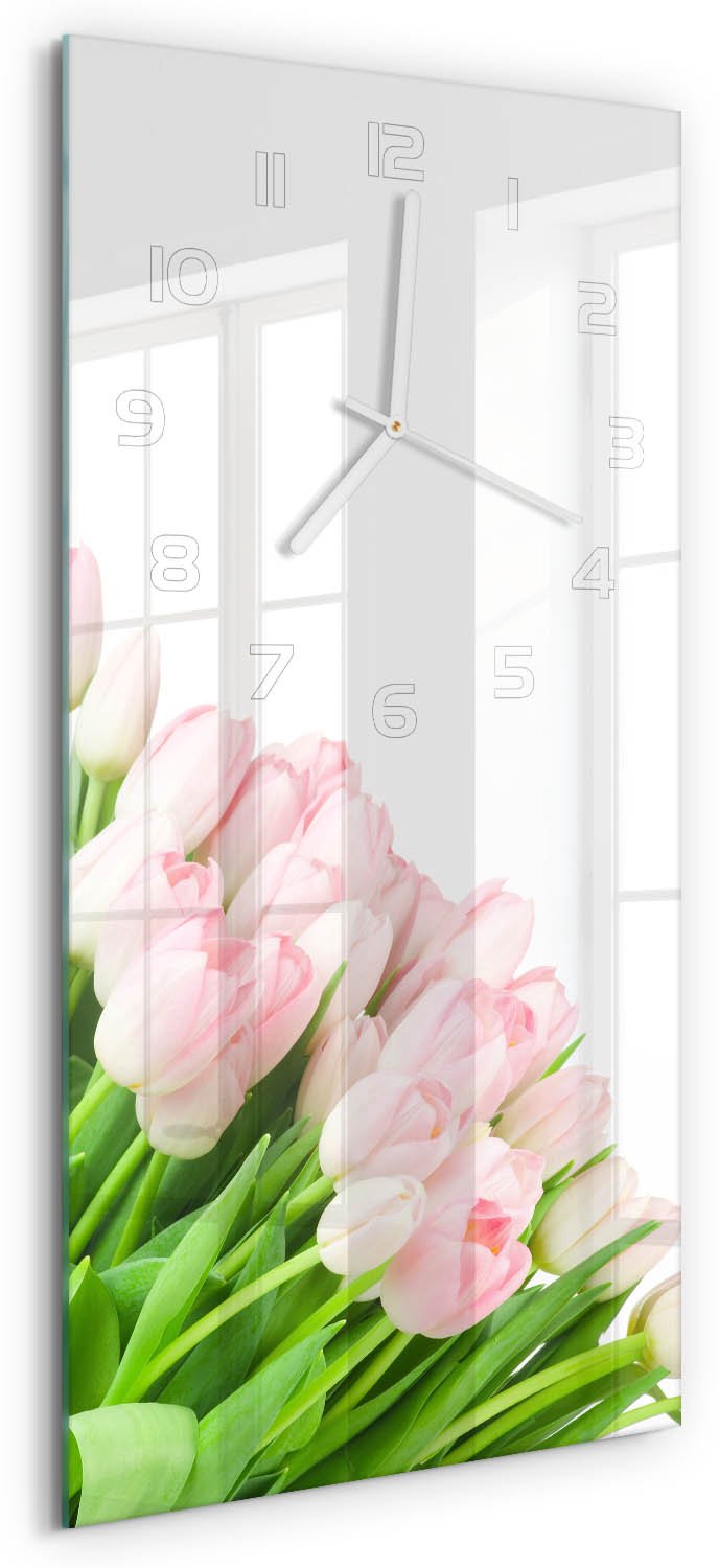 Tulup Wandklok - Roze tulpen Glazen Wandklok Design - 30x60 cm - Groente Klok Glas Met Opdruk - Witte handen - Rechthoekige Klok - Wandklok Glas Met Motief - Decoratieve Glazen Klok