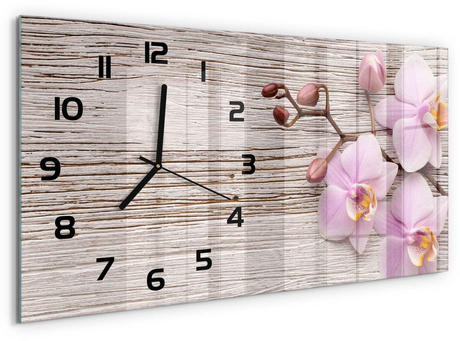 TULUP Wandklok - Orchidee op hout Glazen Klok Met Print - 60x30 cm - Beige Wandklok Glas Met Motief - Zwarte handen - Rechthoekige Klok - Wandklok Glas Decoratie - Gekleurde Glazen Klok
