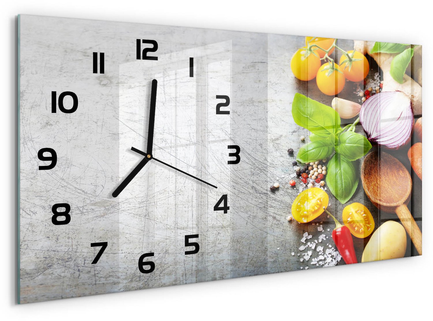 TULUP Wandklok - Groenten Wandklok Glas Met Motief - 60x30 cm - Veelkleurig Decoratieve Glazen Klok - Zwarte handen - Rechthoekige Klok - Gekleurde Glazen Klok - Glazen Klok Met Print