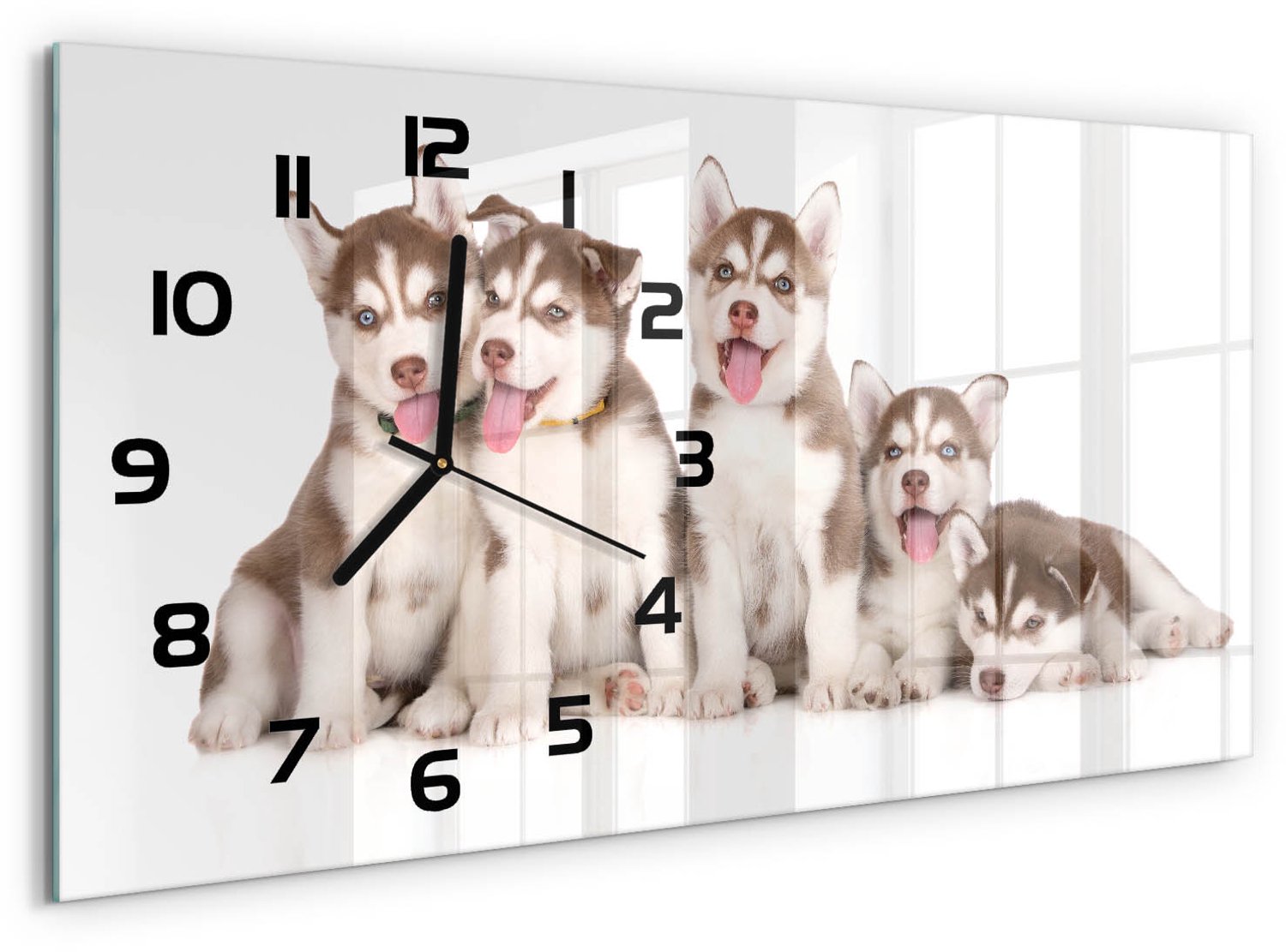 TULUP Wandklok - Husky-puppy's Glazen Wandklok Design - 60x30 cm - Bruin Klok Glas Met Opdruk - Zwarte handen - Rechthoekige Klok - Wandklok Glas Met Motief - Decoratieve Glazen Klok