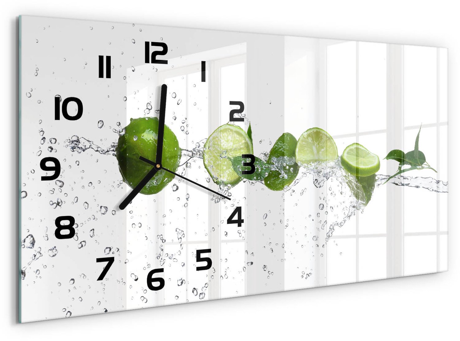 TULUP Wandklok - Kalk en water Decoratieve Glazen Klok - 60x30 cm - Groente Glazen Wandklok Design - Zwarte handen - Rechthoekige Klok - Glazen Klok Met Print - Wandklok Glas Met Motief