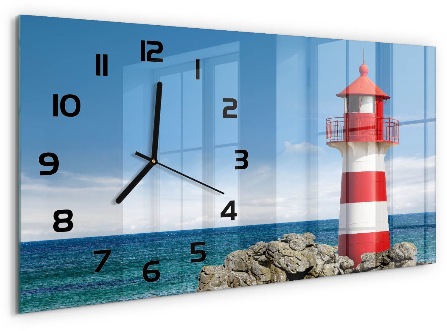 TULUP Wandklok - Vuurtoren Decoratieve Glazen Klok - 60x30 cm - Rood Glazen Wandklok Design - Zwarte handen - Rechthoekige Klok - Glazen Klok Met Print - Wandklok Glas Met Motief