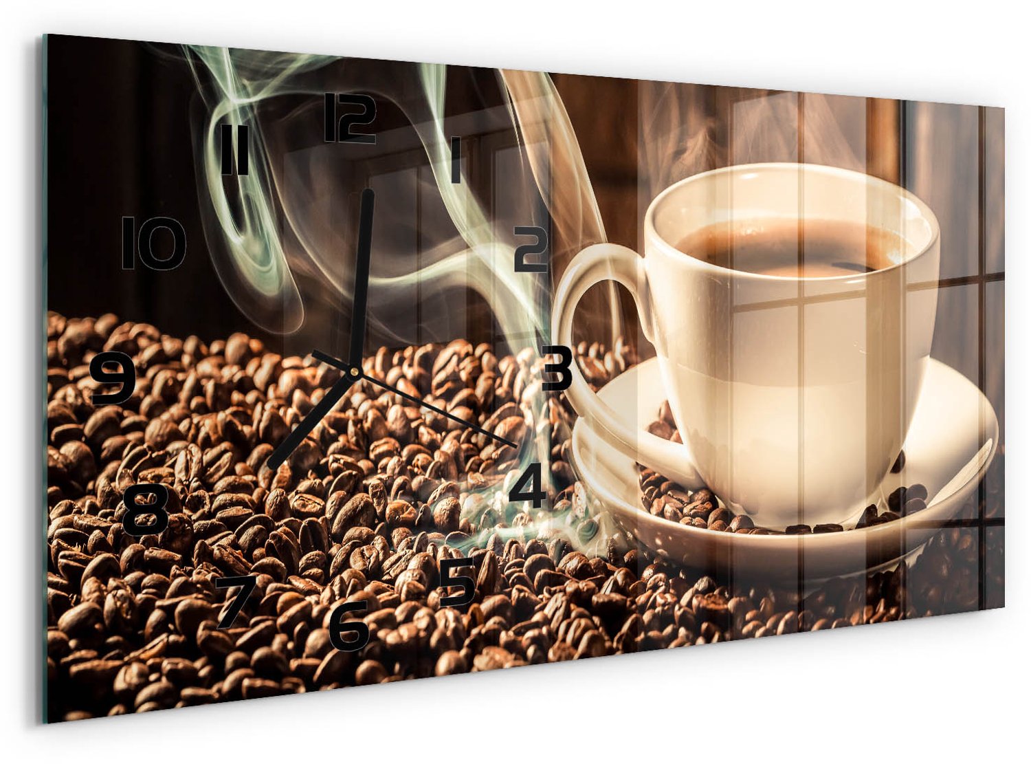 TULUP Wandklok - Aromatische koffie Gekleurde Glazen Klok - 60x30 cm - Bruin Glazen Klok Met Print - Zwarte handen - Rechthoekige Klok - Moderne Wandklok Glas - Wandklok Glas Decoratie