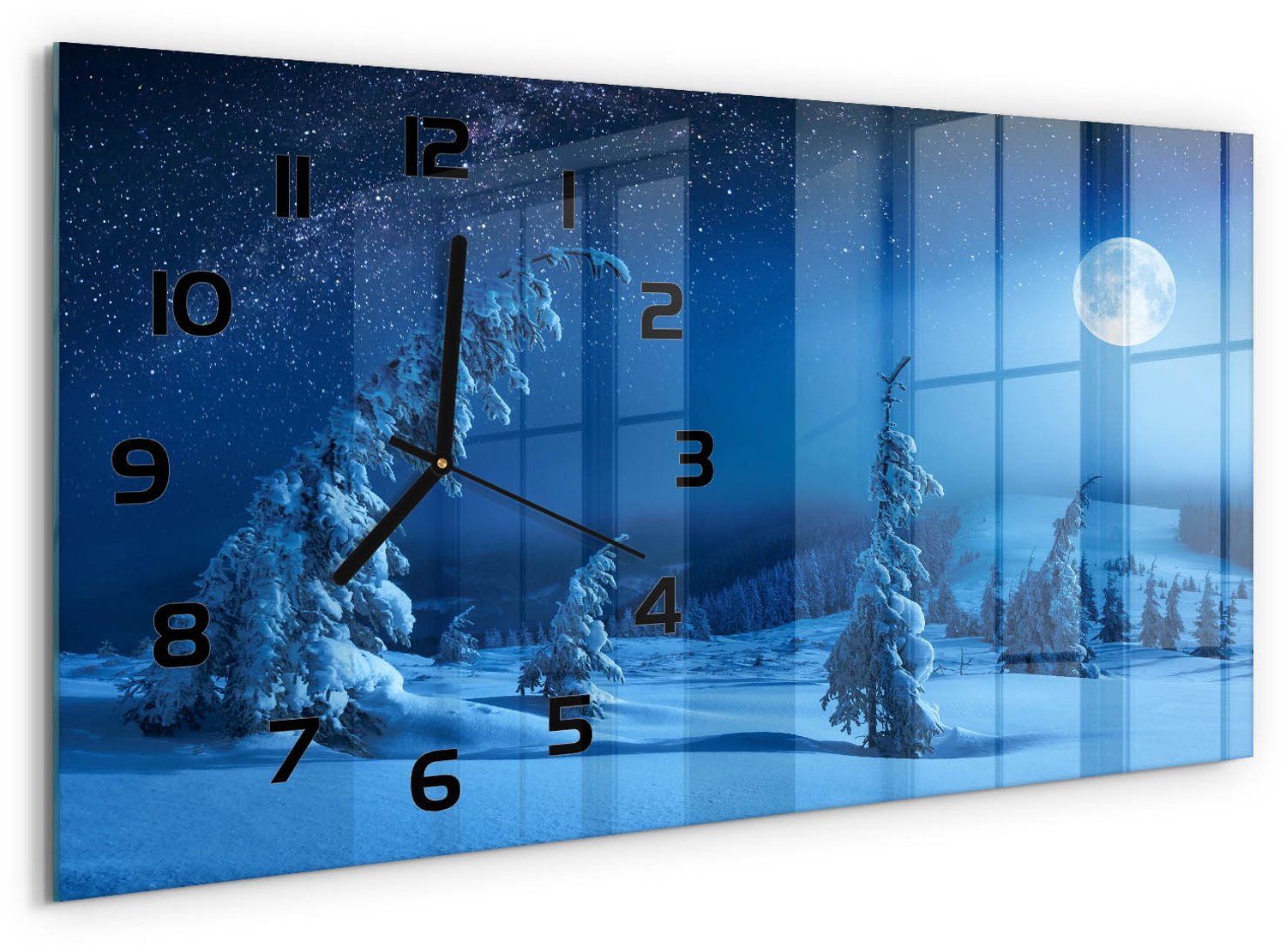 TULUP Wandklok - Volle maan Moderne Wandklok Glas - 60x30 cm - Blauw Wandklok Glas Decoratie - Zwarte handen - Rechthoekige Klok - Glazen Wandklok Design - Klok Glas Met Opdruk