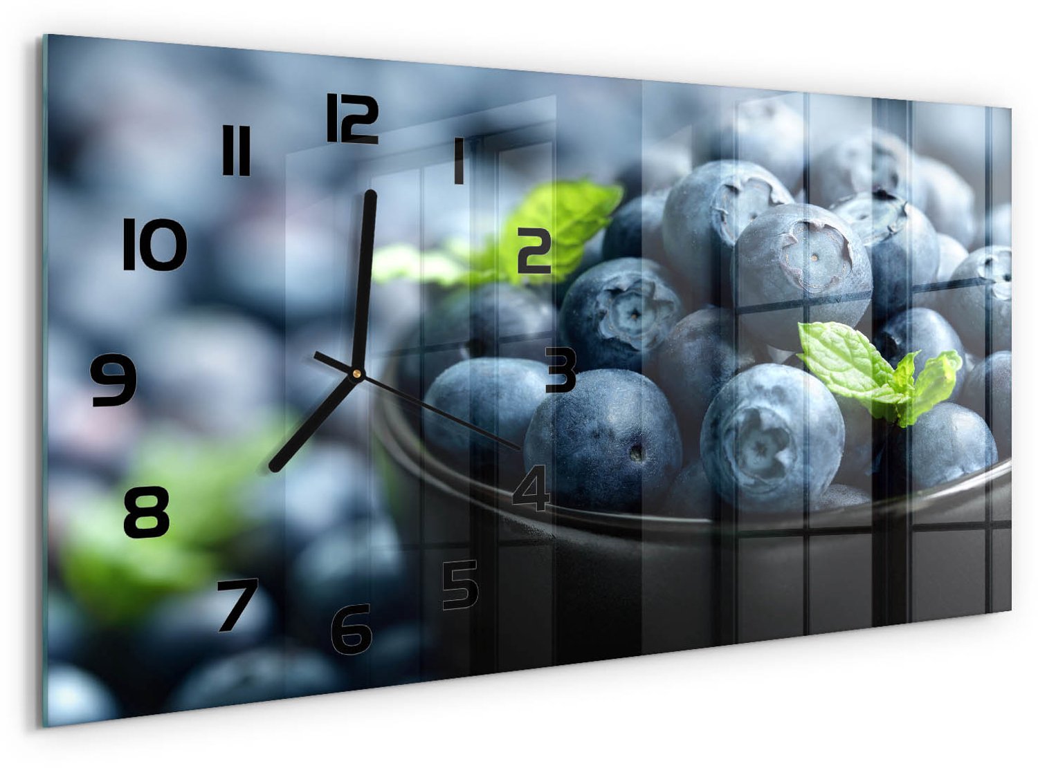 TULUP Wandklok - Bosbessen Gekleurde Glazen Klok - 60x30 cm - Blauw Glazen Klok Met Print - Zwarte handen - Rechthoekige Klok - Moderne Wandklok Glas - Wandklok Glas Decoratie