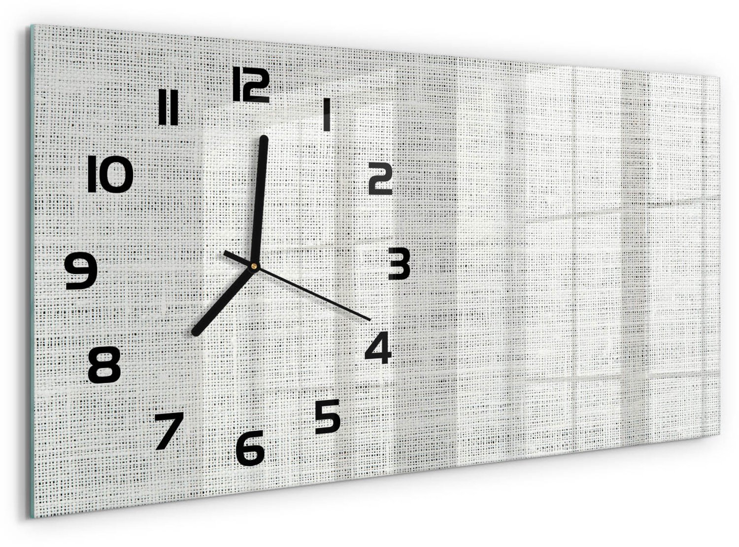 TULUP Wandklok - Wit linnen canvas Glazen Wandklok Design - 60x30 cm - Wit Klok Glas Met Opdruk - Zwarte handen - Rechthoekige Klok - Wandklok Glas Met Motief - Decoratieve Glazen Klok