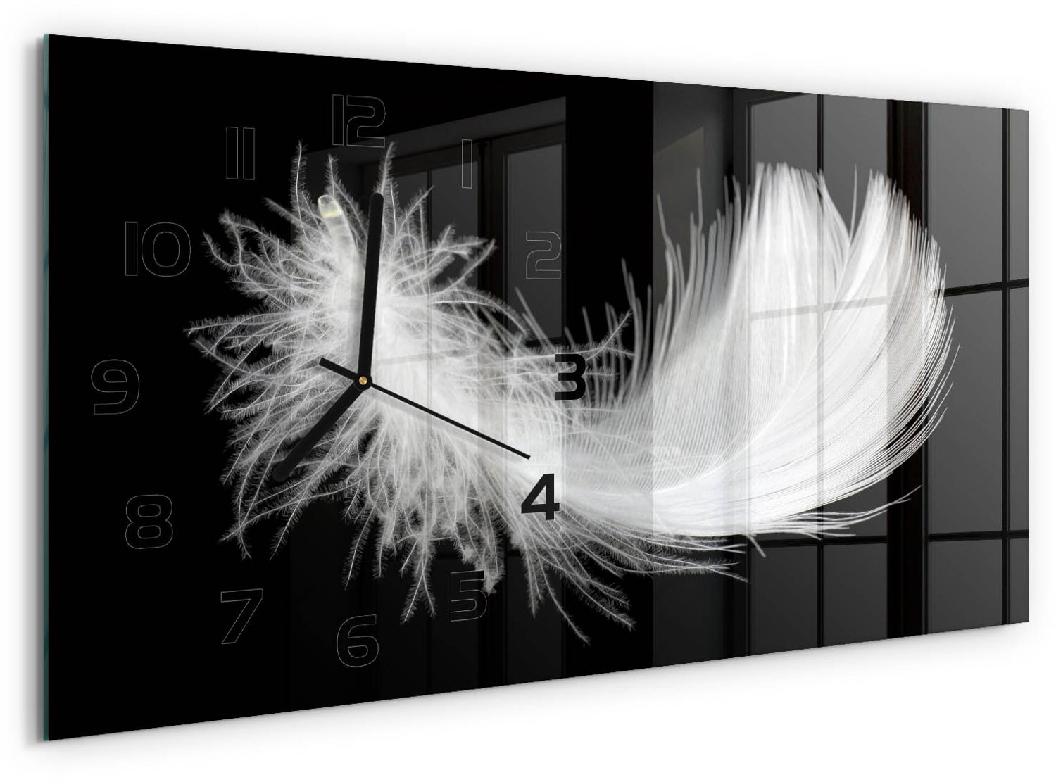 TULUP Wandklok - Pen Glazen Wandklok Design - 60x30 cm - Wit Klok Glas Met Opdruk - Zwarte handen - Rechthoekige Klok - Wandklok Glas Met Motief - Decoratieve Glazen Klok